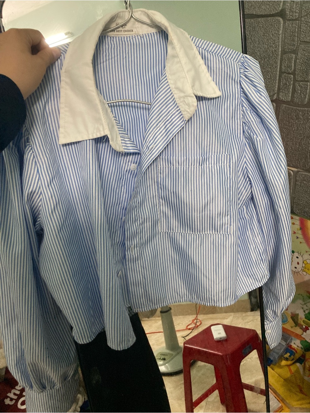 Striped Blue & White Button-Down Shirt with White Collar